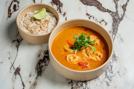 A vibrant bowl of shrimp curry sits next to a dish of coconut rice, garnished with lime.の写真素材