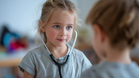 In a bright room, a girl plays doctor, exploring with her stethoscope.の素材