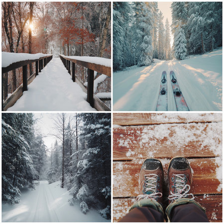 Skiers glide on pristine trails while nature unveils its frosty beauty in serene surroundings.の素材