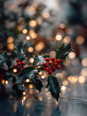Bright red holly berries contrast beautifully with softly blurred twinkling lights.の素材