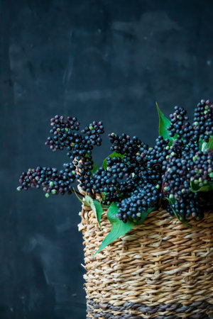 A woven basket filled with ripe berries showcases the beauty of autumn and nature's bounty.