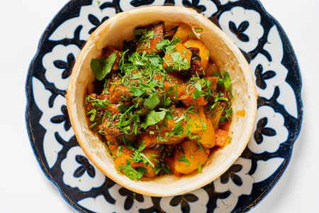 A colorful vegetable stew with herbs on a patterned plate invites you to taste.