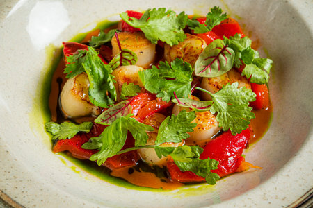 Grilled scallops sit atop a bed of colorful peppers and fresh herbs, creating a vibrant dish.の写真素材