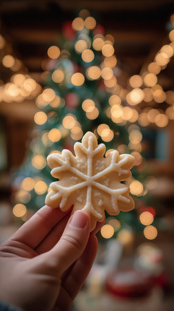 A young hand holds a sweet snowflake cookie, surrounded by twinkling holiday lights and decorations.の素材