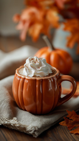 Enjoying a delicious pumpkin spice latte served in a whimsical pumpkin mug amidst fall decor.の素材