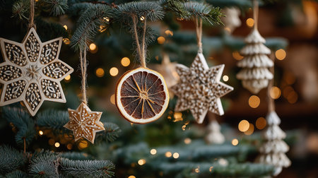 Delicate ornaments hang from branches of a Christmas tree, glowing softly in warm light.の素材