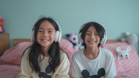 Two young girls joyfully play computer games together in their bedroom with headphones on.の素材