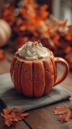 At a rustic table, a pumpkin mug holds a rich pumpkin spice latte with whipped cream.の素材
