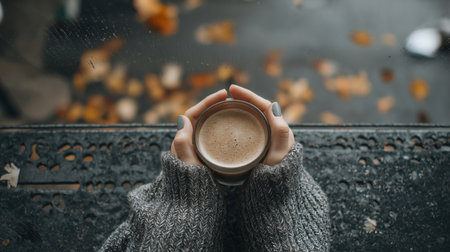 A girl enjoys a warm beverage, gazing out at autumn leaves and a rainy day.の素材