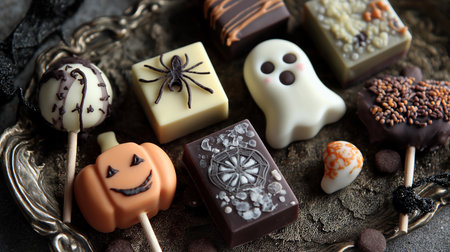 Delicious, themed chocolate treats create a festive atmosphere for Halloween festivities.の素材