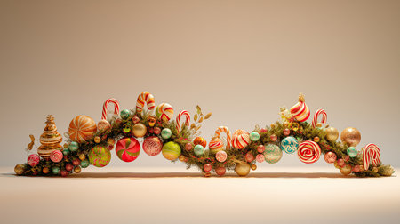 A colorful garland curves elegantly, adorned with sweets and festive ornaments for the holiday.の素材
