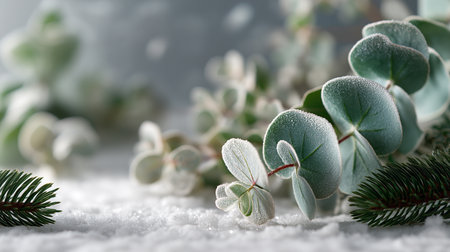 Frost-covered eucalyptus leaves and evergreen sprigs evoke warmth in a serene, snowy setting.の素材