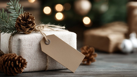 A blank Christmas gift tag rests on a wrapped present adorned with pine cones and holiday cheer.の素材