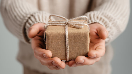 A person holds a small, wrapped gift in their hands, showcasing excitement and anticipation.の素材