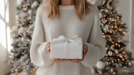 A person holds a beautifully wrapped white gift near a sparkling Christmas tree filled with lights.の素材