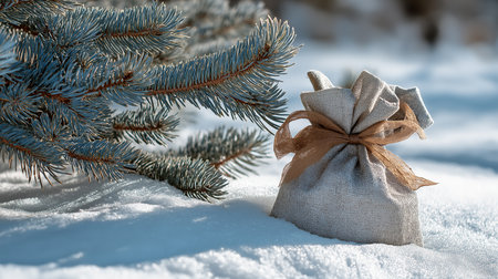 A beautifully wrapped gift bag lies in the snow, creating a serene winter scene by a pine tree.の素材
