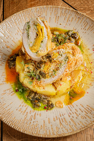 A beautifully arranged chicken roulade sits atop savory potatoes, drizzled with colorful sauce.の写真素材