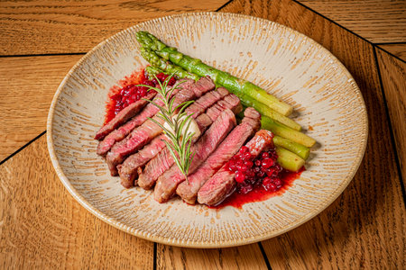 Juicy steak, fresh asparagus, and vibrant berry sauce make a perfect feast.の写真素材