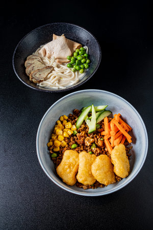 A vibrant bowl of fried rice topped with chicken, veggies, and pork.