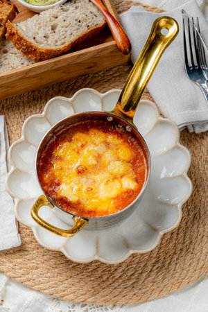 A warm cheesy dish sits in a pot, surrounded by crusty bread on a charming rustic table.