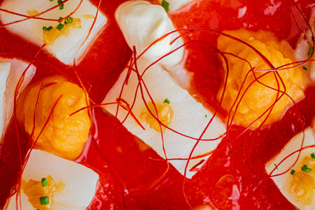 Delicate cubes of tofu and vibrant fruit sit in a bright red sauce, creating a beautiful dessert.の写真素材