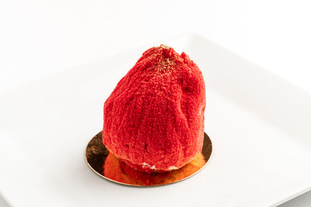 This dessert charms with its vibrant red color and playful texture on a golden base.