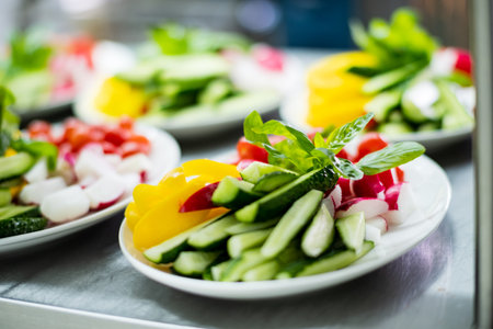 Freshly prepared vegetable platters display a variety of colorful ingredients for a lively event.の写真素材