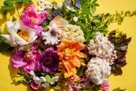 Colorful flowers form a stunning arrangement against a bright yellow background.の写真素材
