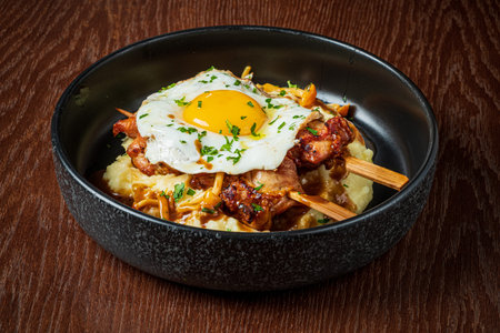 Grilled chicken skewers on fluffy mashed potatoes, topped with a sunny-side egg.