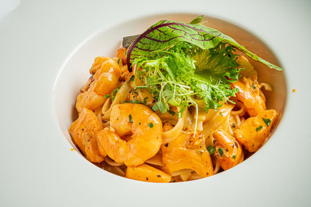 A colorful pasta dish with shrimp and fresh greens, perfectly arranged for a gourmet experience.の写真素材