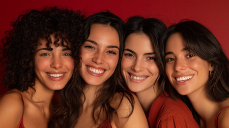 Four joyful Mexican women stand together, smiling in a colorful setting, showcasing their bond.の素材