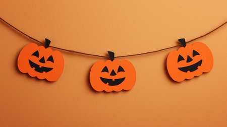 Cheerful orange cut paper pumpkins hang on a warm backdrop for Halloween.の素材
