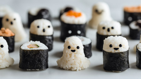 Ghost-shaped sushi rolls with rice and seaweed, perfect for Halloween fun!の素材