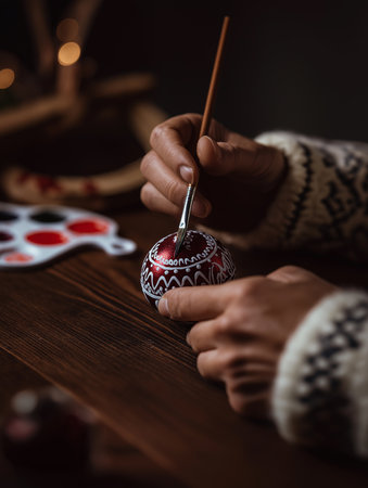 Close-up view of hands painting a festive ornament on a wooden table filled with holiday charm.の素材