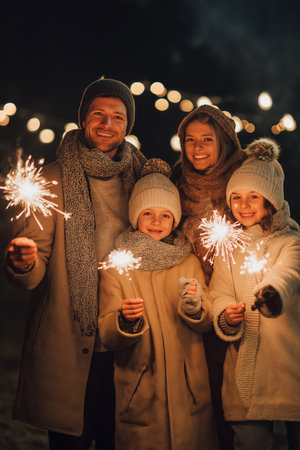 A joyful family stands together outdoors at night, holding sparklers that light up their smiles.の素材