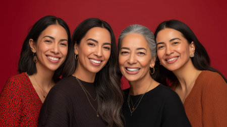 Four happy Mexican mothers pose together, smiling warmly in a cheerful indoor setting.の素材
