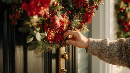 A homeowner lovingly adjusts a vibrant wreath on their front door as the sun sets.の素材