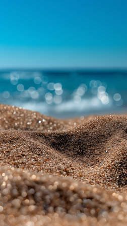 Soft, golden sand creates patterns as gentle waves lap against the shore beneath a bright sky.の素材