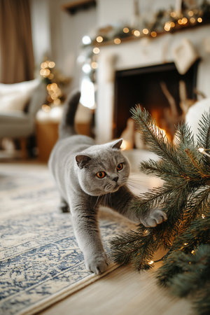 A grey British Shorthair cat playfully stretches by a cozy fireplace during Christmas time.の素材
