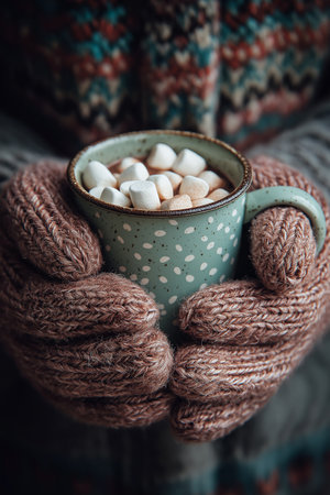 A girl enjoys hot chocolate with marshmallows while wearing soft knitted gloves.の素材