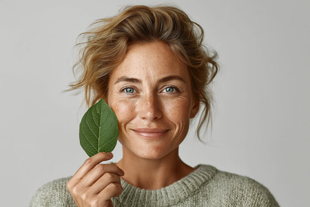 A cheerful woman poses with a vibrant leaf, showcasing her natural beauty and connection to nature.の素材