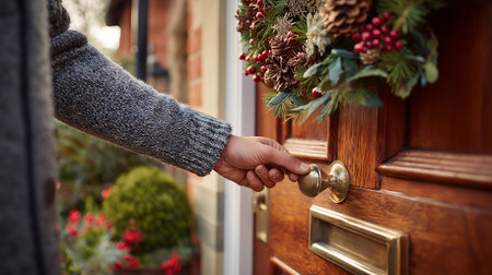 A homeowner gently grasps the door handle, surrounded by holiday decorations and greenery.の素材