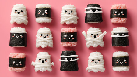Colorful and playful sushi characters are arranged on a pink background, perfect for Halloween fun.の素材