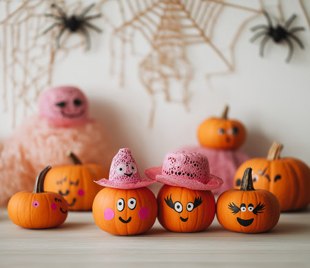 Colorful, hand-painted pumpkins with cheerful faces and hats brighten the fall season.の素材