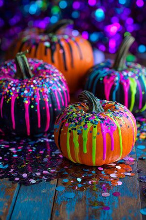 Vibrant pumpkins are covered in bold paint drips and sparkles, perfect for autumn festivities.の素材