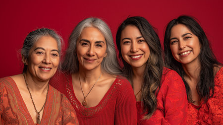 Four joyful Mexican mothers in matching red outfits radiate love together.の素材