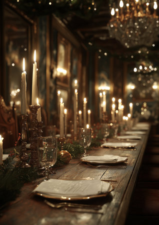 Candles illuminate the long table, setting a warm and inviting scene for a cozy evening gathering.の素材