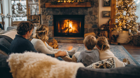 A family sits together on a comfortable couch, enjoying time by the glowing fireplace during winter.の素材