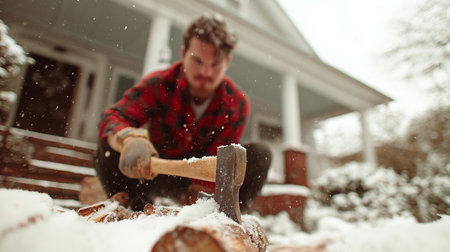 A cheerful young man is chopping wood in the snowy backyard, enjoying winter fun and activity.の素材