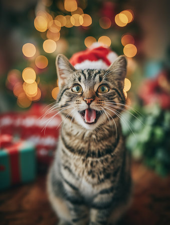 A joyful cat in a red Santa hat sits among bright gifts and a glittering tree.の素材